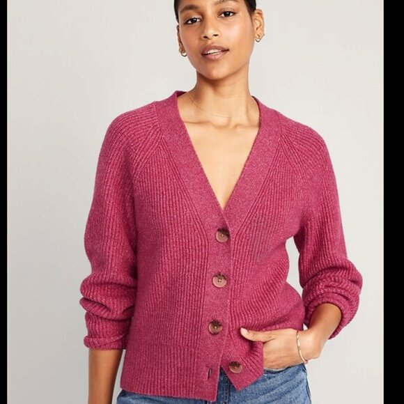 Old Navy Cozy Button-Up Pink Ribbed Shaker Stitch Cardigan Sweater - Size M - Picture 1 of 11